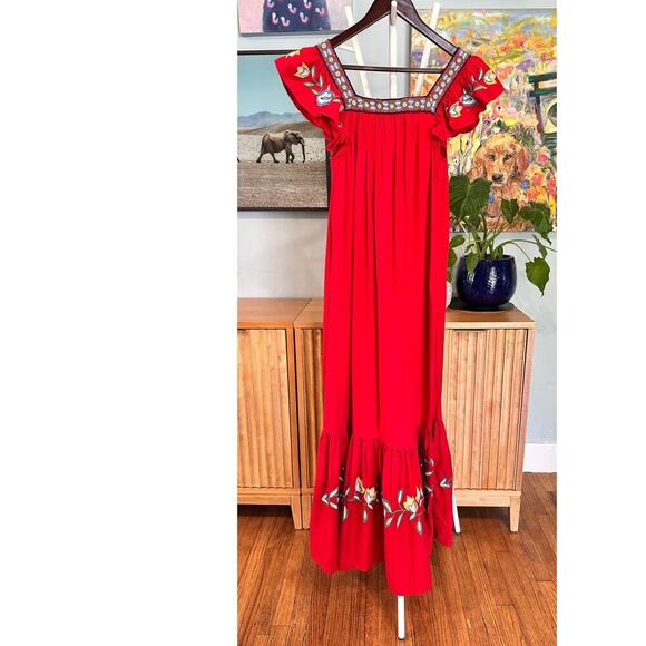 Farm Rio Embroidered Dress Square Neck Folklore Boho Linen Small Petite MINT! - Picture 6 of 13